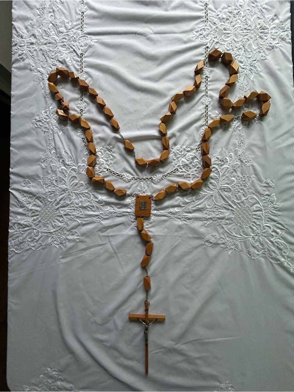 Wooden Rosary Necklace with Cross - Brown